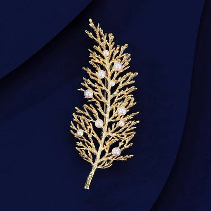 Ajojewel Christmas Cypress Branch Brooch Golden Leaf Jewelry With White Pearls Guest Birthday Gifts