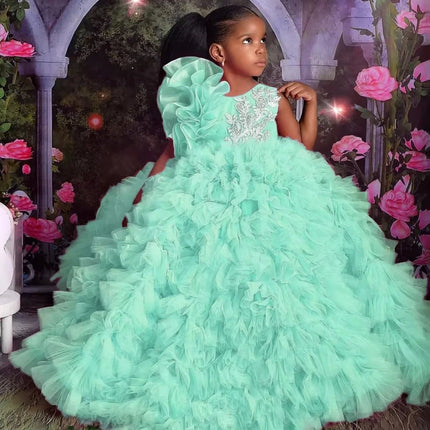 Customized Rose Pink Flower Girl Dresses Tulle Puffy White Embroidery Sleeveless For Wedding Birthday Prom Holy Communion Gowns