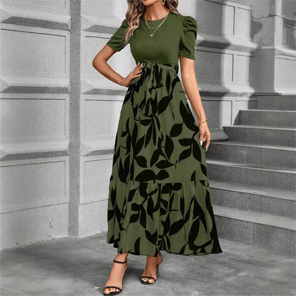 Elegant Floral Print Round Neck Long Dresses Women Short Sleeve High Waist Lace-up Office Lady Holiday Party Dresses Vestidos