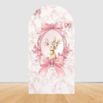Pink bow cute rabbit arch background baby shower baby first birthday party layout background double-sidedprinting stretch fabric