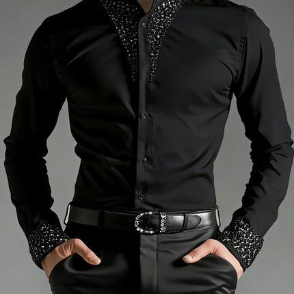 Luxury Rhinestone Shirt for Men Mandarin Stand Collar Crystal Embellished Cuff Long Sleeve Slim Fit Party Wedding Formal Blouse