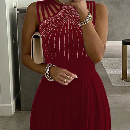 Mandylandy Wide Leg Jumpsuit Waist Diamond Sleeveless Solid Color Rompers Summer Jumpsuits Women O-neck Straight Pants Jumpsuits