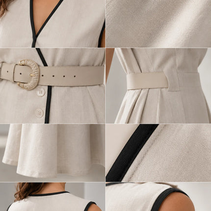 Contrast Piping Belted Wrap Midi Dress for Women, Sleeveless V‑Neck Button Detail A‑Line Linen Blend Dress for Office Business Casual Summer Wear
