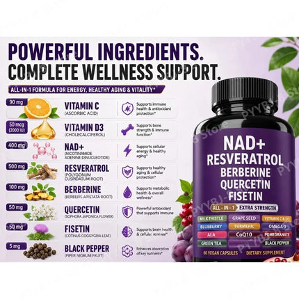 NAD+ Resveratrol Supplement with Berberine Quercetin Fisetin CoQ10 Vitamin C D3, 60 Vegan Capsules for Daily Nutrition Support