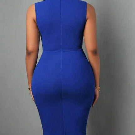 Women Elegant Sleeveless Bodycon Midi Dress Stand Collar Neck Tie Ruched Waist Sheath Pencil Dress Office Business Cocktail Party Formal Dresses