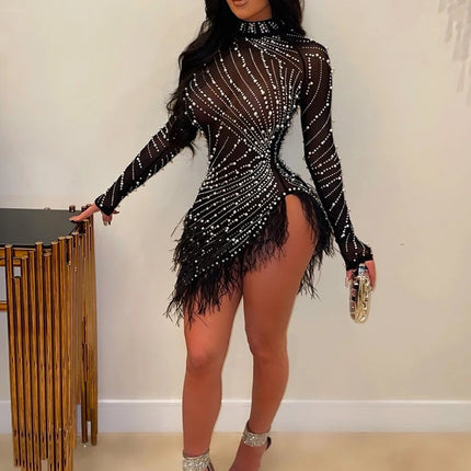 HBLL Sexy Pearls Rhinestone Party Dresses Women Elegant Nightclub Feather Birthday Dress Long Sleeve Mesh Sheer Bodycon Dress