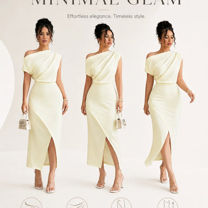 Stretchy Soft Women Off Shoulder Midi Dress, Draped Ruched Asymmetrical Wrap Split Bodycon Dress, Elegant Cocktail Party Wedding Guest Evening Formal Dresses