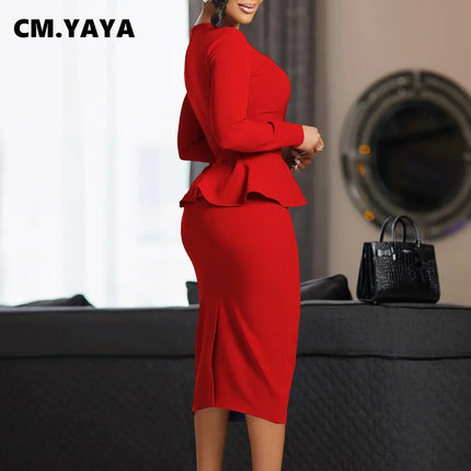 CM.YAYA Women Long Sleeve U-neck Ruffles High Waist Birthday Bodycon Midi Dress 2023 OL Work Evening Sexy Party Dresses Vestido