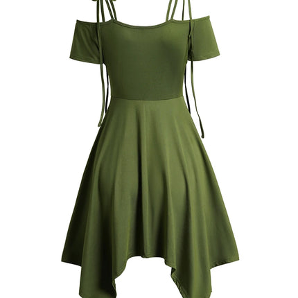Women Black Dresses Cold Shoulder Lace Up Asymmetric Dress Tie Knot Shoulder Chain Solid Color Short Sleeve Dress