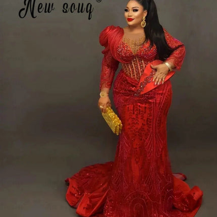 Luxury Red Long Party Dress Beaded Sequins Aso Ebi Bride Evening Night Gown for Wedding Custom Plus Size Prom Dresses Customized