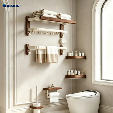 Modern Luxury Bathroom Accessories Set Walnut Wood Towel Rack Wall Mounted Bathroom Hardware Set Shelf Hooks Toilet Paper Holder