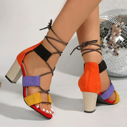 Women's Lace Up Sandals Open Toe Suede Look Strappy Design Woven Look Block Heel Casual Party Dress Footwear for Spring Summer