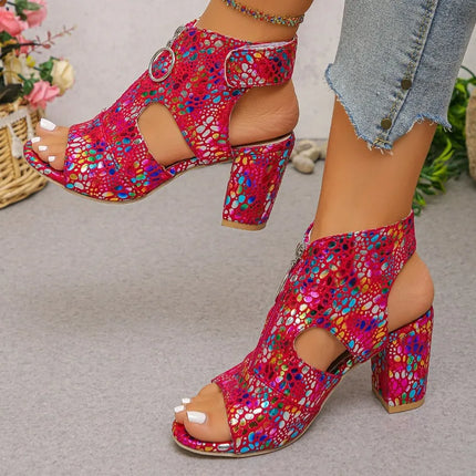 Summer Fashion Fishmouth High Heels Hollow Out Zipper Back Breathable Large Size Trendy Women's Sandals Roman Style PU Leather