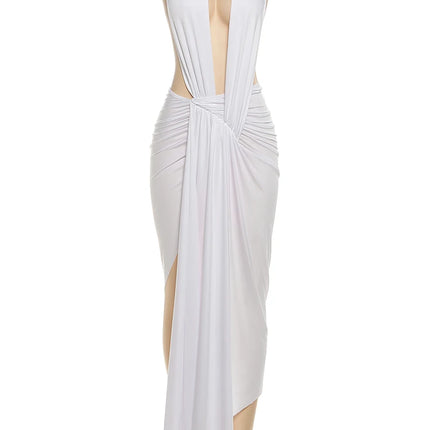 Weird Puss Sexy Halter Dress Women Split Knot Ribbon Ruched Sleeveless Backless Irregular Hem Birthday Party Elegant Vestidos