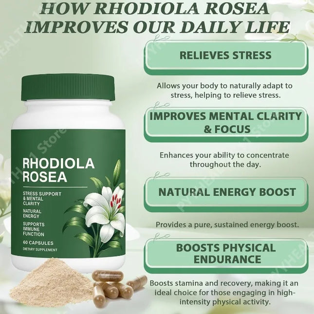 Rhodiola Rosea Capsules 500mg Natural Herbaceous Plants Supplement for Daily Stress Support & Energy Balance 60pieces Per Bottle
