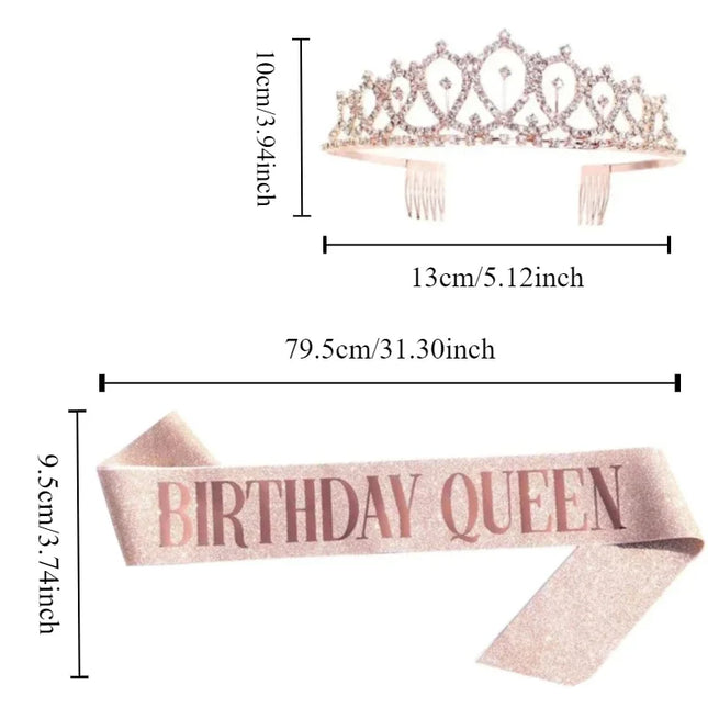 Bling Rhinestone Crystal Crown Birthday Anniversary Decoration Happy Birthday Queen Satin Sash Party Supplies