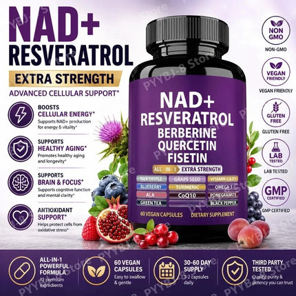 NAD+ Resveratrol Supplement with Berberine Quercetin Fisetin CoQ10 Vitamin C D3, 60 Vegan Capsules for Daily Nutrition Support