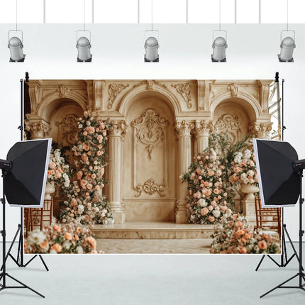 European Castle Window Wedding Backdrop Elegant Pink Rose Floral Arched Wall Photography Background for Birthday Party Decor