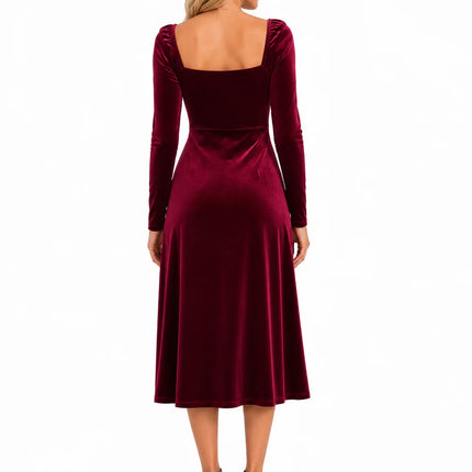 Women Velvet Midi Dress, Sweetheart Square Neck Long Sleeve High Waist Split Cocktail Dress, Elegant Formal Party Wedding Guest Evening Dress