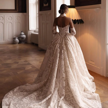 Sexy Lace Appliques Wedding Dress A-line Long Bridal Gown Customized New Detachable Sleeve Dresses For Bride