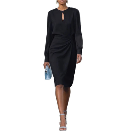 2025 Autumn Elegant Solid Pleated O-neck Hollow Long Sleeve Dress Office Lady Temperament Midi Dresses Women's Clothing Vestidos