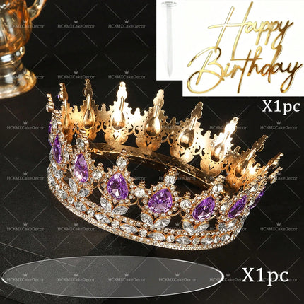 2pcs Pink Crown Birthday Cake Topper Set Gold Happy Birthday Acrylic Cake Decor Rhinestone Queen Tiara Cake Decoration for Women