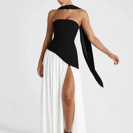 GACVGA Elegant Strapless Sexy Maxi Dress Women Gown Scarf Collar Bandage Backless High Split Club Party Evening Long Dress