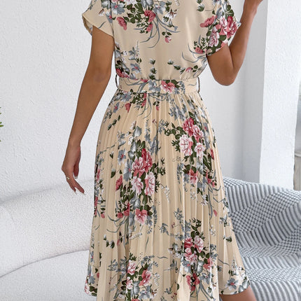 Elegant Floral Print A Line Dress with Belted Pleated Skirt Short Sleeve Women's Casual Dresses