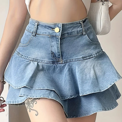 Vintage Woman Denim Shorts Skirts Summer 2023 Streetwear All Match Washed Kawaii Ball Gown Ruffles Mini Jeans Saias Femme