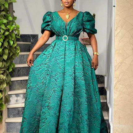 Women V Neck Puff Sleeve Maxi Dress Belted Waist A Line Ball Gown Dress For Formal Evening Party Occasion