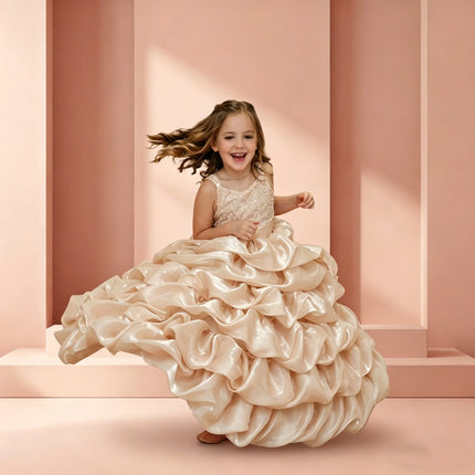 Pink Sequin Multi-layer Pleated Dress Flower Girl Dress Customized Ball Drss Children's Birthday Party First Communion Dress