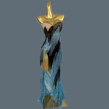 Women Black Blue Fringe Strapless Long Dress Nightclub Party Stage Performance Outfit High Slit Rhinestone Evening Gown Qinggao