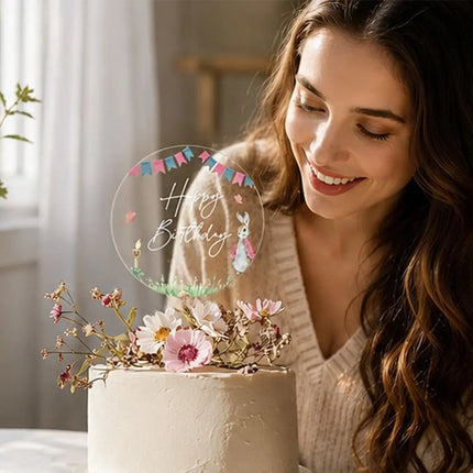 Multicolor Happy Birthday Cake Toppers Acrylic MR&MRS Wedding Cake Toppers Transparent Floral Leaves Pattern