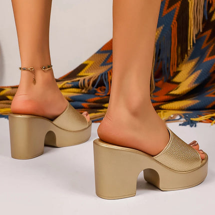 Fashion Gold High Heels Slippers Women 2026 Summer Pu Leather Chunky Platform Sandals Woman Plus Size 43 Outdoor Slippers Ladies