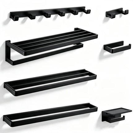 Matt Black 304Stainless Steel 2/4/6 Hook Toilet Brush Holder Toilet Paper Holder Towel Bar Rail Rack Hanger Hook Hardware Set
