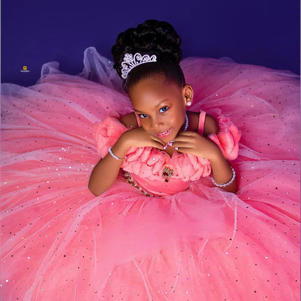 Custom Off Shoulder Ruffle Flower Girl Dress Sparkly Tulle Wedding Pageant Gown For Kids Girls Birthday Party Formal Special