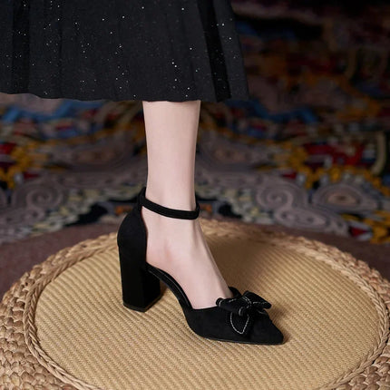 Small Size 30-44 Black Shoes Women Summer High Heel Sandals Chunky Heel Hollow Bow Women's Sandals Shoes