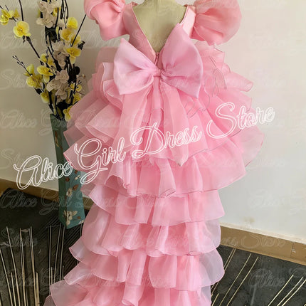 Customized Pink Flower Girl Dresses for Wedding with Bow Layered Girl First Communion Sequins Baby Kids Birthday Party Gowns