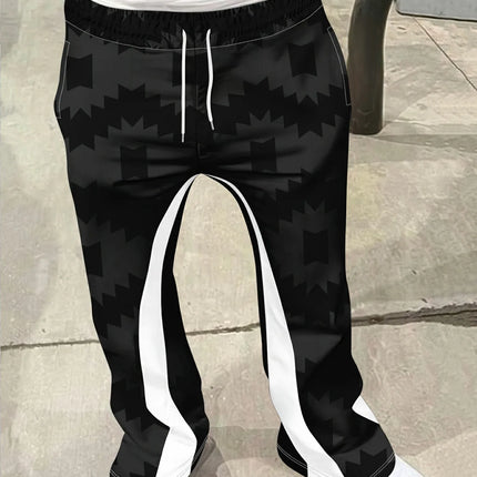 Men's Casual Street Style Trendy Cross Print Fashionable Slightly Flared Black and White Color-Block Design Sweatpants Men Pants