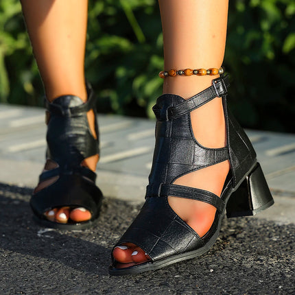 Summer New High Heel Roman Sandals Women's Fish Mouth Hollow Belt Buckle Back Zipper Exposure Toe chunky heel Shoes Plus Size 43
