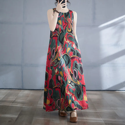 THHONE Summer Print Loose Women Robe Cotton Dress Sleeveless Casual Beach Style Long Ladies Womens Dresses Vestidos Para Mujer