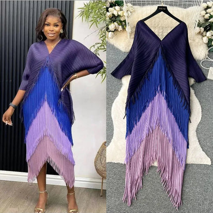 Miyake Tassel Patchwok Color Block Dress for Women Pleated Batwing Sleeve Mid-calf Dresses Fashion Female 2025 Summer