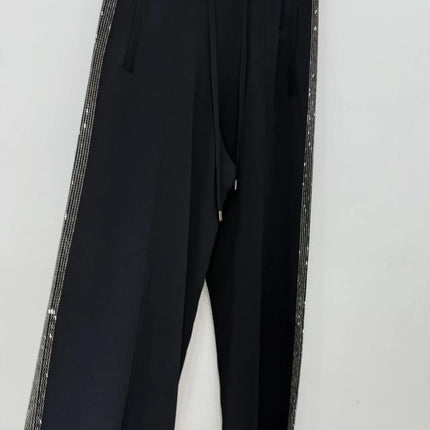 Autumn and Winter New Fashionable Double-Sided Rhinestone Striped Elastic Waist Black Long Casual Pants for Women