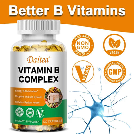 Organic Vitamin B Complex Supports Energy, Immune Health, Antioxidant Supplement - 30/60/120 Vegetarian Capsules