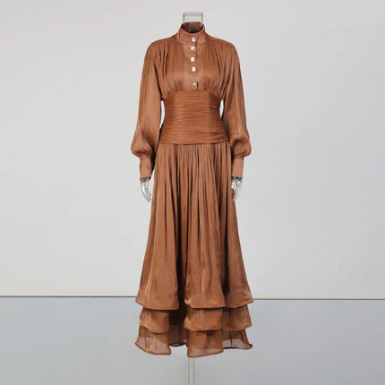 TWOTWINSTYLE Solid Spliced Metal Buttons Temperament Long Dresses for Women High Neck Long Sleeves Patchwork Folds Dress Female