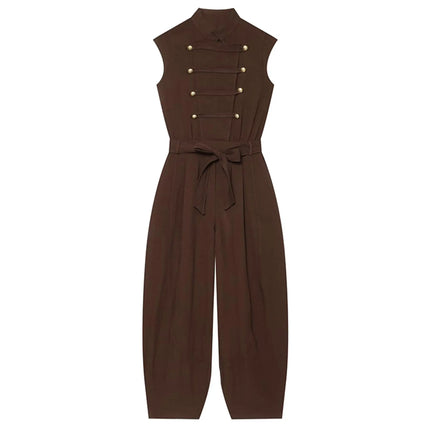 TFMLN Fashion Double Breasted Jumpsuits for Women Stand Collar Sleeveless High Waist Long Pants With Belt Elegant Rompers