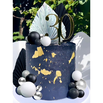 LaVenty Black Sliver Balls Cake Decoration Silver Palm Leaves Cake Decoration Goth Black Cake Topper for Birthday Wedding