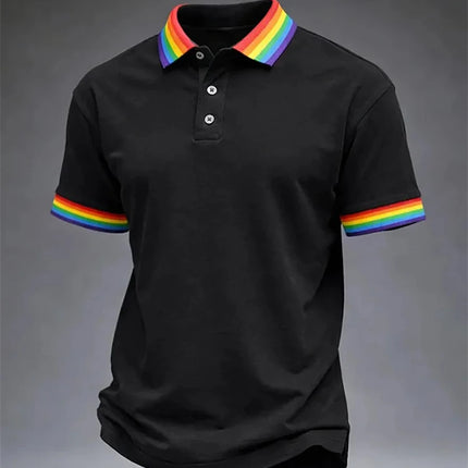 Men's Solid-Color Summer Casual Breathable Polo Shirt Rainbow Collar Fashion Polo Shirt Men's Striped Short-Sleeve Shirt