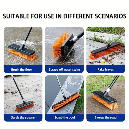 Heavy-Duty Outdoor Floor Cleaning Brush with Squeegee System & Stiff Bristles - Stainless Steel/Plastic, Ideal for Yards, Patios, Driveways, Concrete & Hard Surfaces, Commercial-Grade Broom