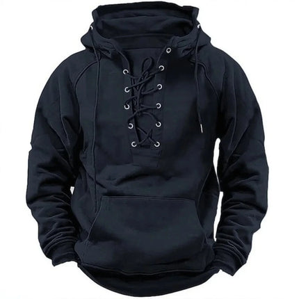 Men's Retro-Style Lace-Up Hooded Sweatshirt Loose-Fitting Long-Sleeved Pullover Pure Color Design for Autumn Winter Hoodie
